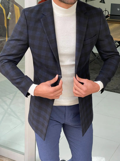 Melbourne Navy Blue Slim Fit Plaid Wool Long Coat - BRABION