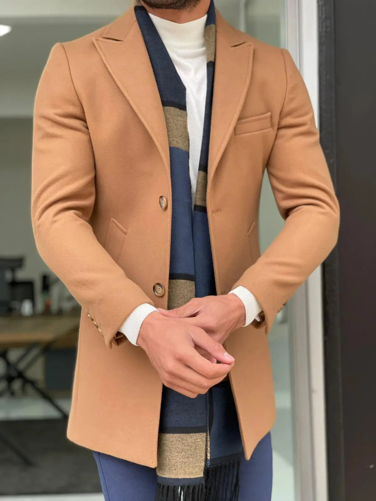 Viena Camel Slim Fit Wool Long Coat - BRABION