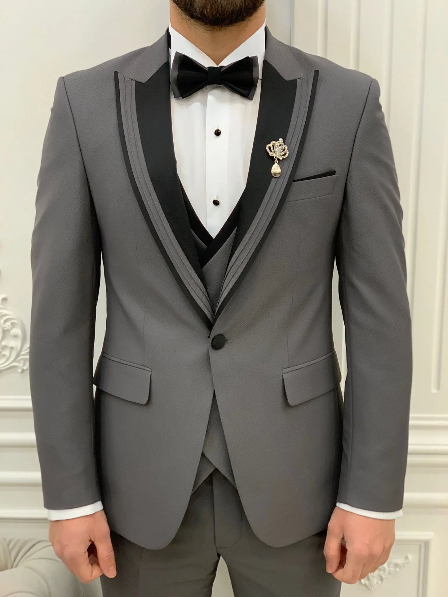 Glendale Gray Slim Fit Peak Lapel Tuxedo - BRABION