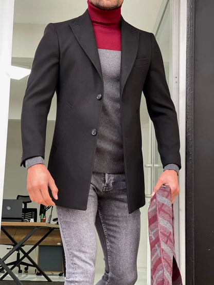 Viena Black Slim Fit Wool Long Coat - BRABION
