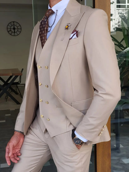 Boston Beige Slim Fit Peak Lapel Wool Suit - Elevate Your Wardrobe BOJONI