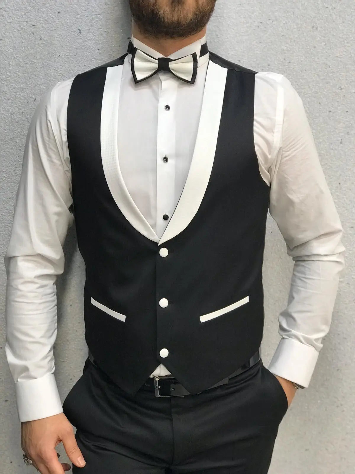 Infinite White Tuxedo with Black Vest - Timeless Elegance for Men - BRABION