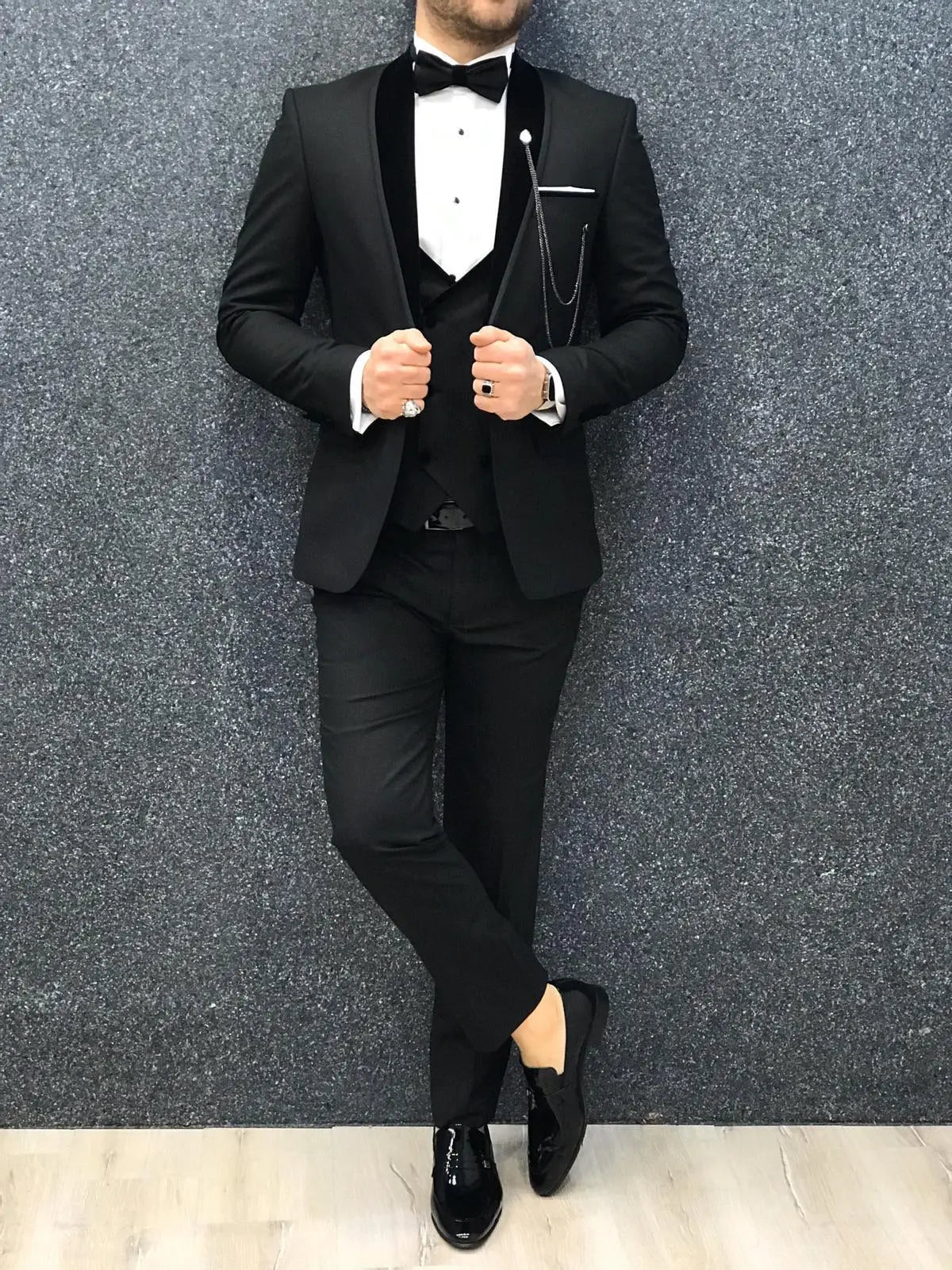 Ventura Black Slim Fit Velvet Shawl Lapel Tuxedo - BRABION