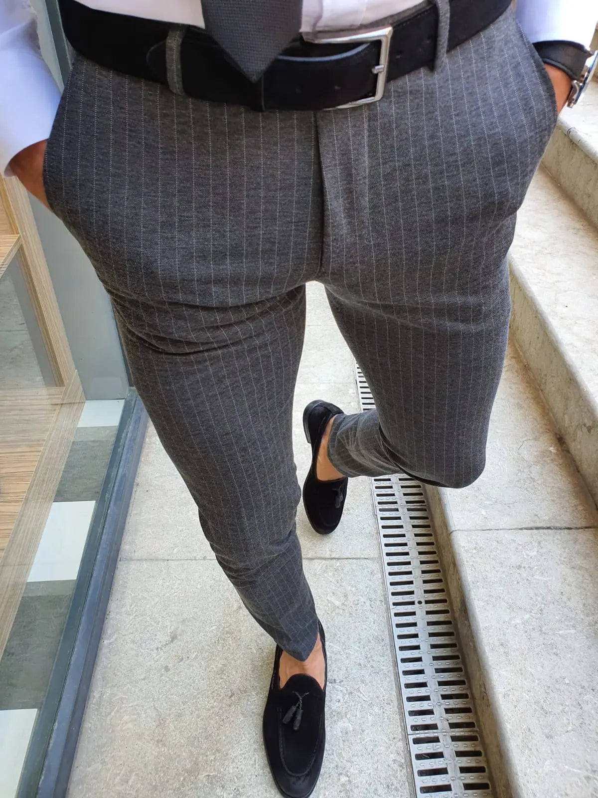 Oakland Anthracite Slim Fit Pinstripe Pants - BRABION