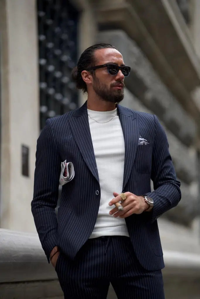 Sorento Dark Blue Slim Fit Double Breasted Pinstripe Suit brabion