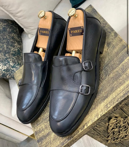Louise Black Double Monk Strap Loafers - Elegant Leather Footwear for Every Occasion - BRABION