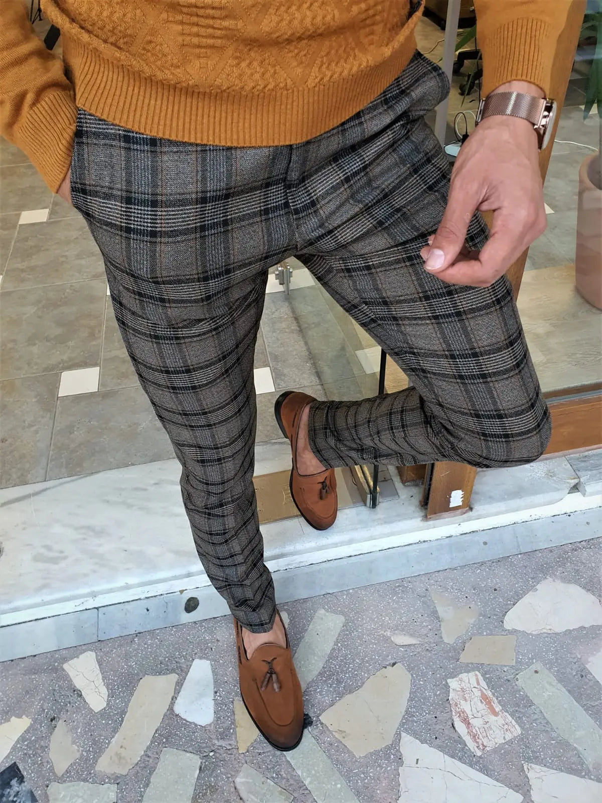 Henderson Camel Slim Fit Plaid Pants for the Modern Man - BRABION