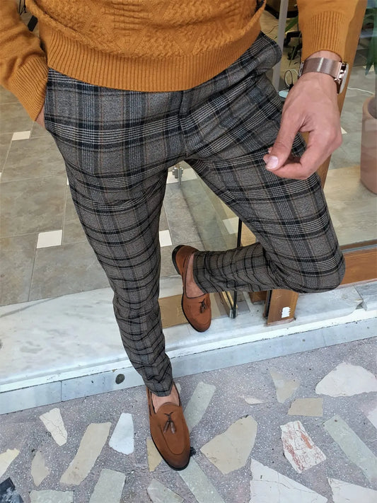 Henderson Camel Slim Fit Plaid Pants for the Modern Man - BRABION