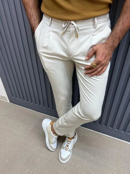 Sorento Beige Slim Fit Linen Pants - BRABION