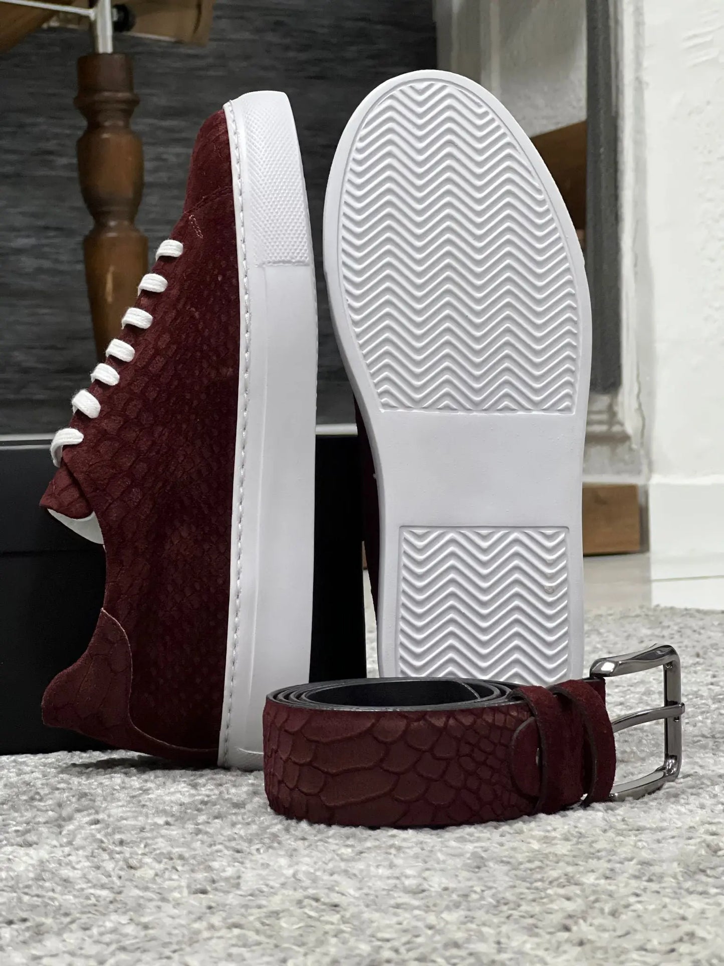 Lenzi Special Edition Suede Print Leather Burgundy Sneakers - BRABION