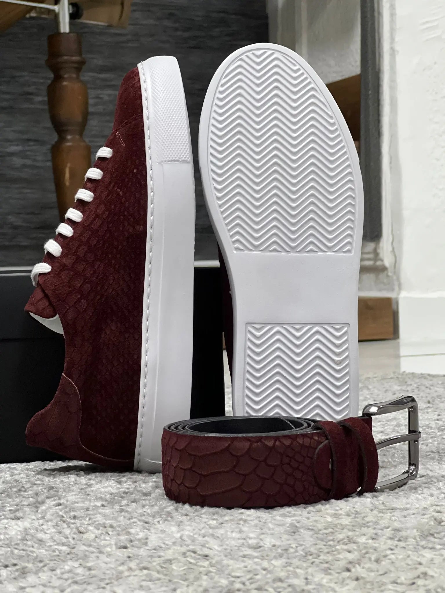 Lenzi Special Edition Suede Print Leather Burgundy Sneakers - BRABION