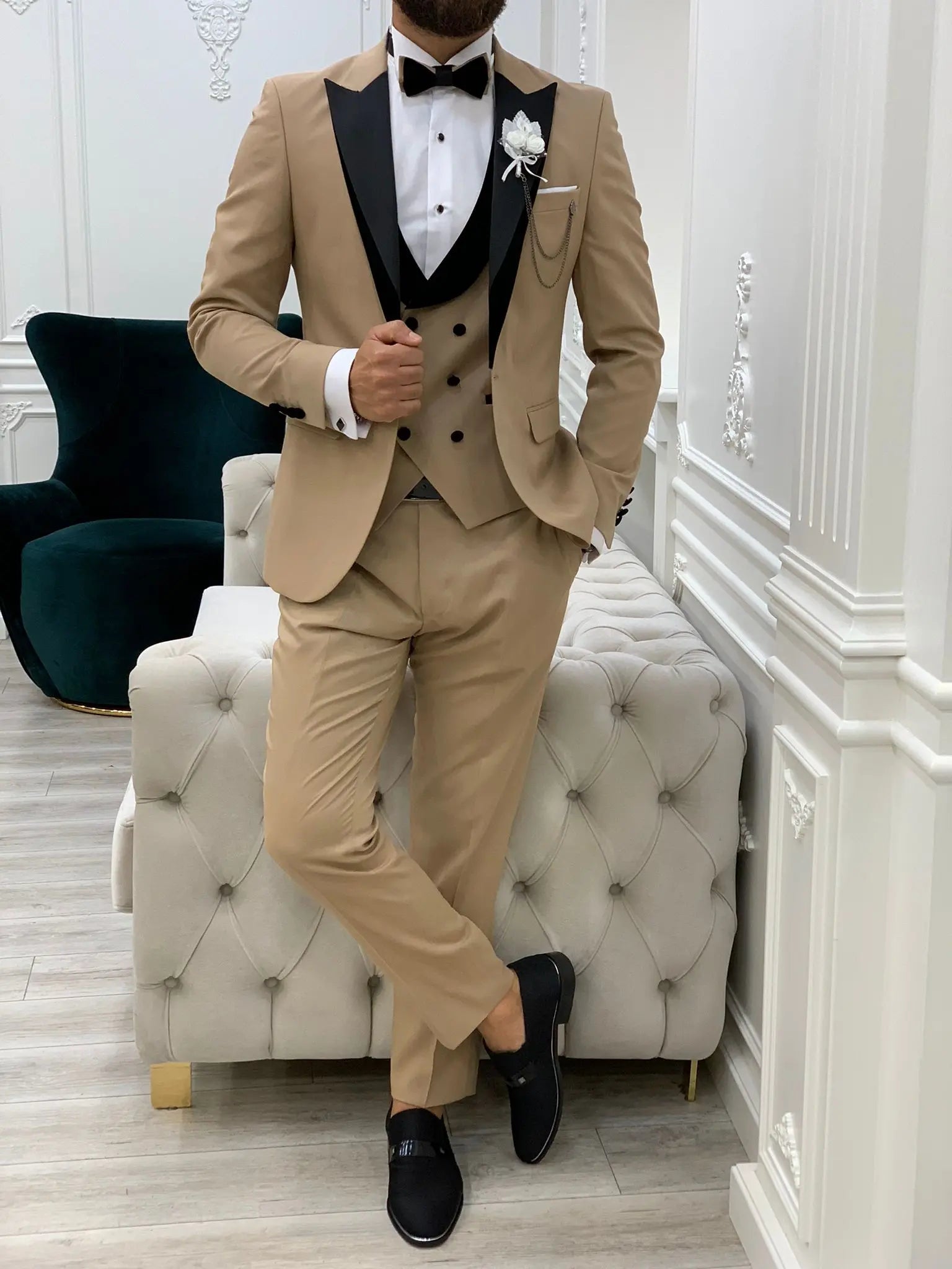 Mark Golden Slim Fit Velvet Peak Lapel Tuxedo - BRABION