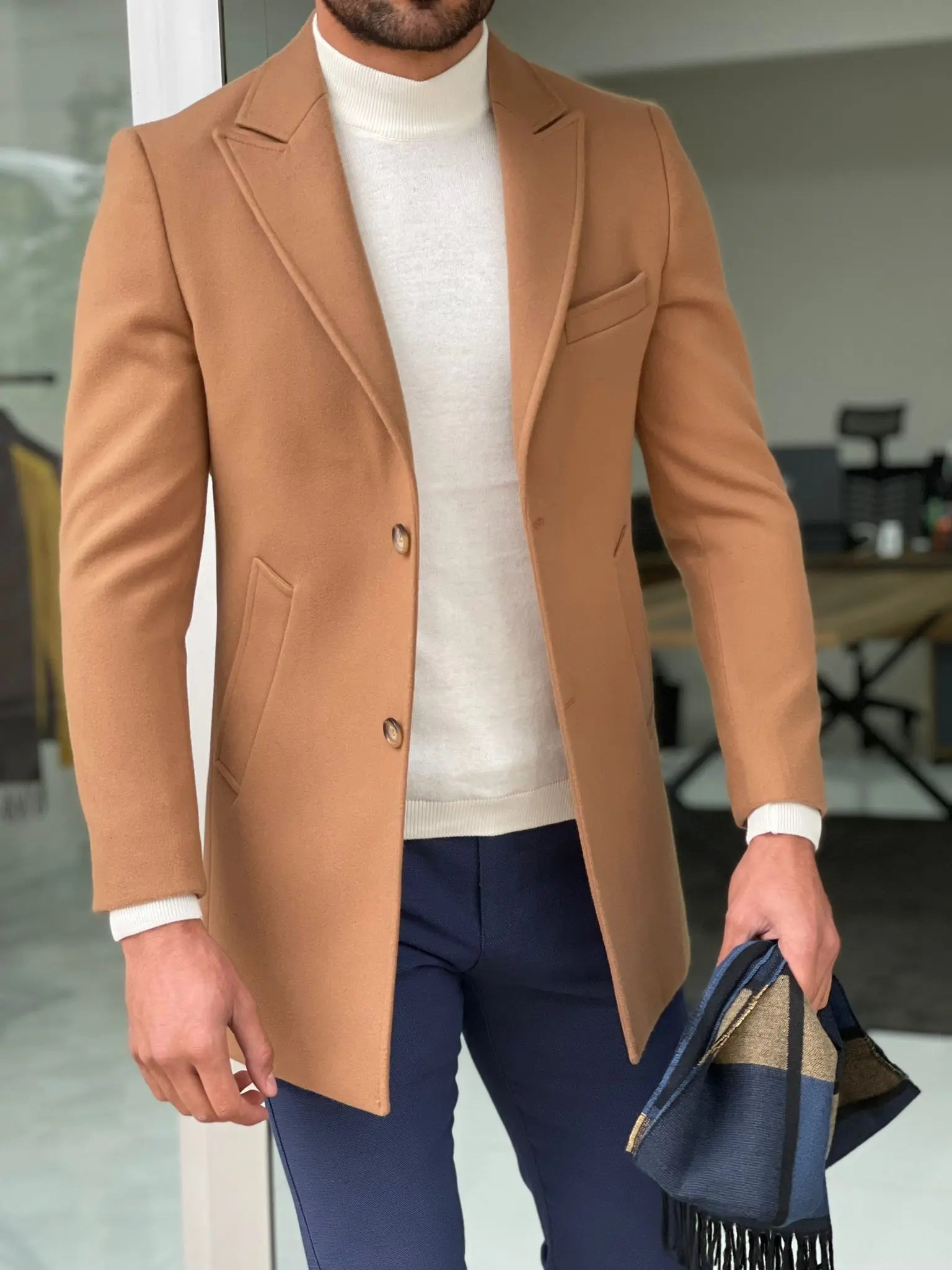 Viena Camel Slim Fit Wool Long Coat - BRABION
