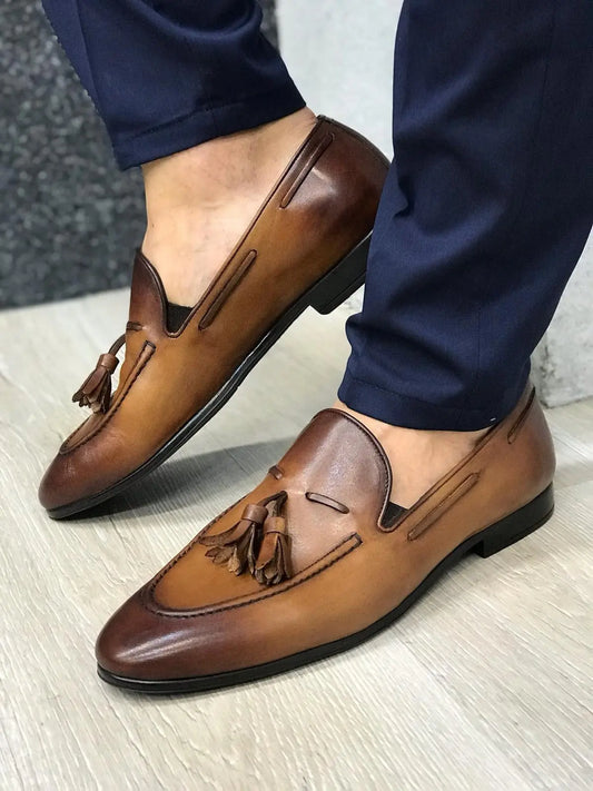 Tassel Leather Brown Loafers - BRABION