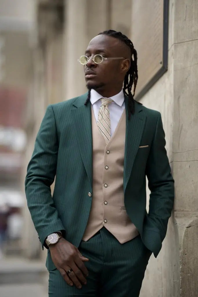 Sorento Green Slim Fit Pinstripe Combination Suit for Men brabion
