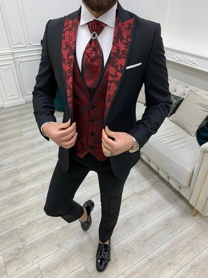 Paris Burgundy Black Slim Fit Peak Lapel Wedding Suit - BRABION