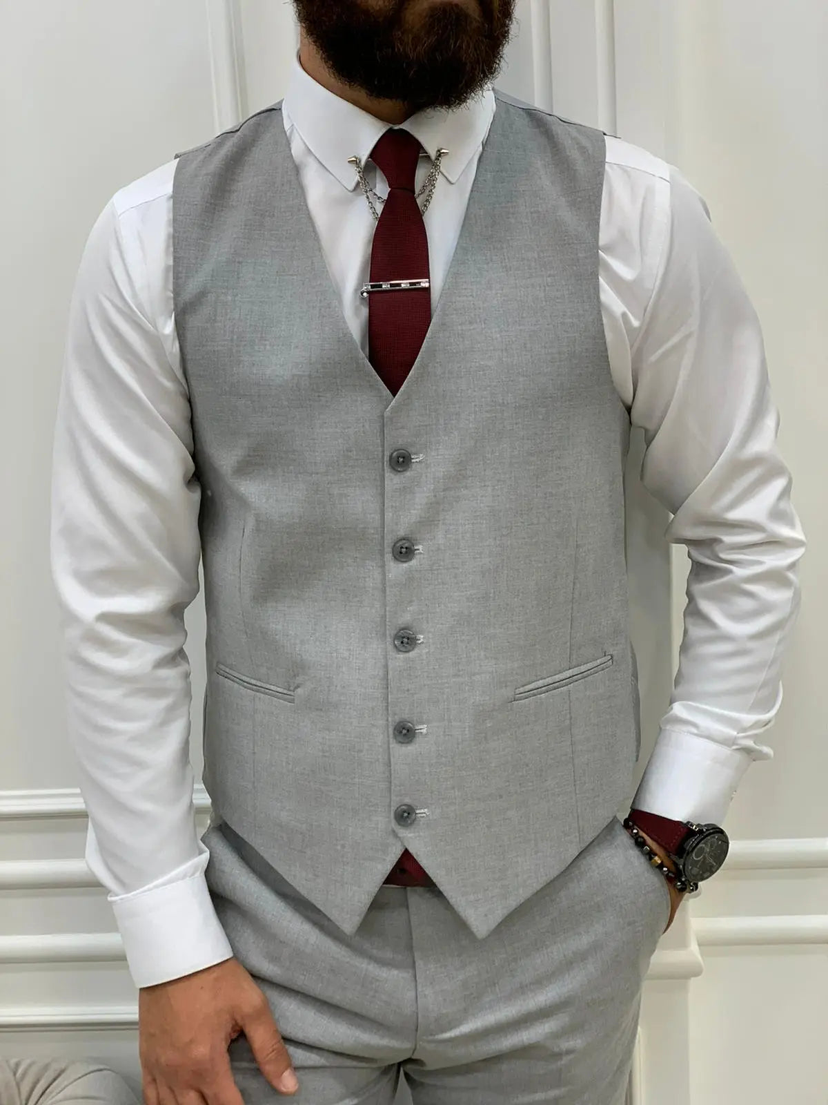 Lambrusco Dark Gray Slim Fit Peak Lapel Striped Suit - BRABION