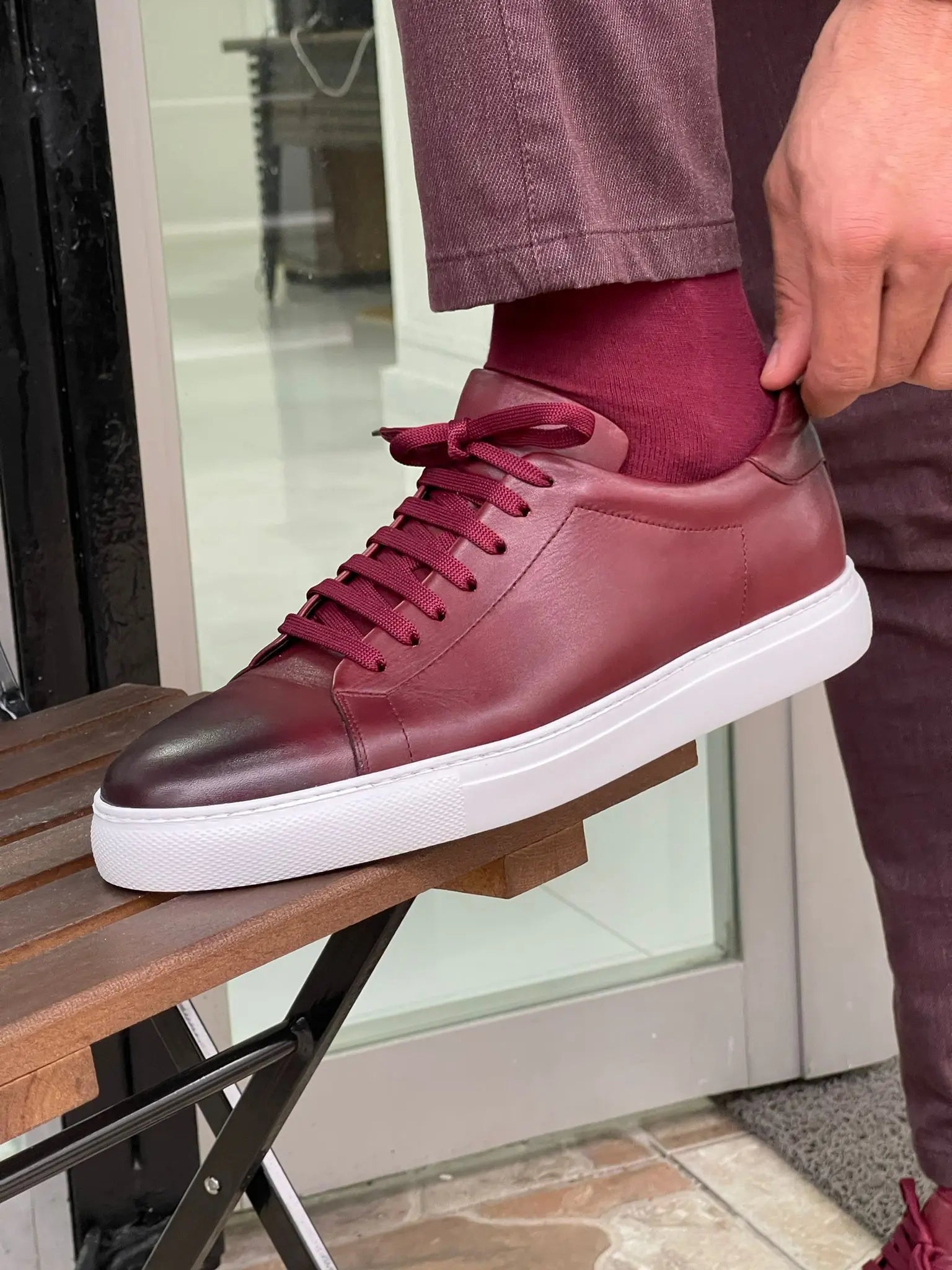 Martin Burgundy Lace-Up Mid-Top Sneakers - BRABION