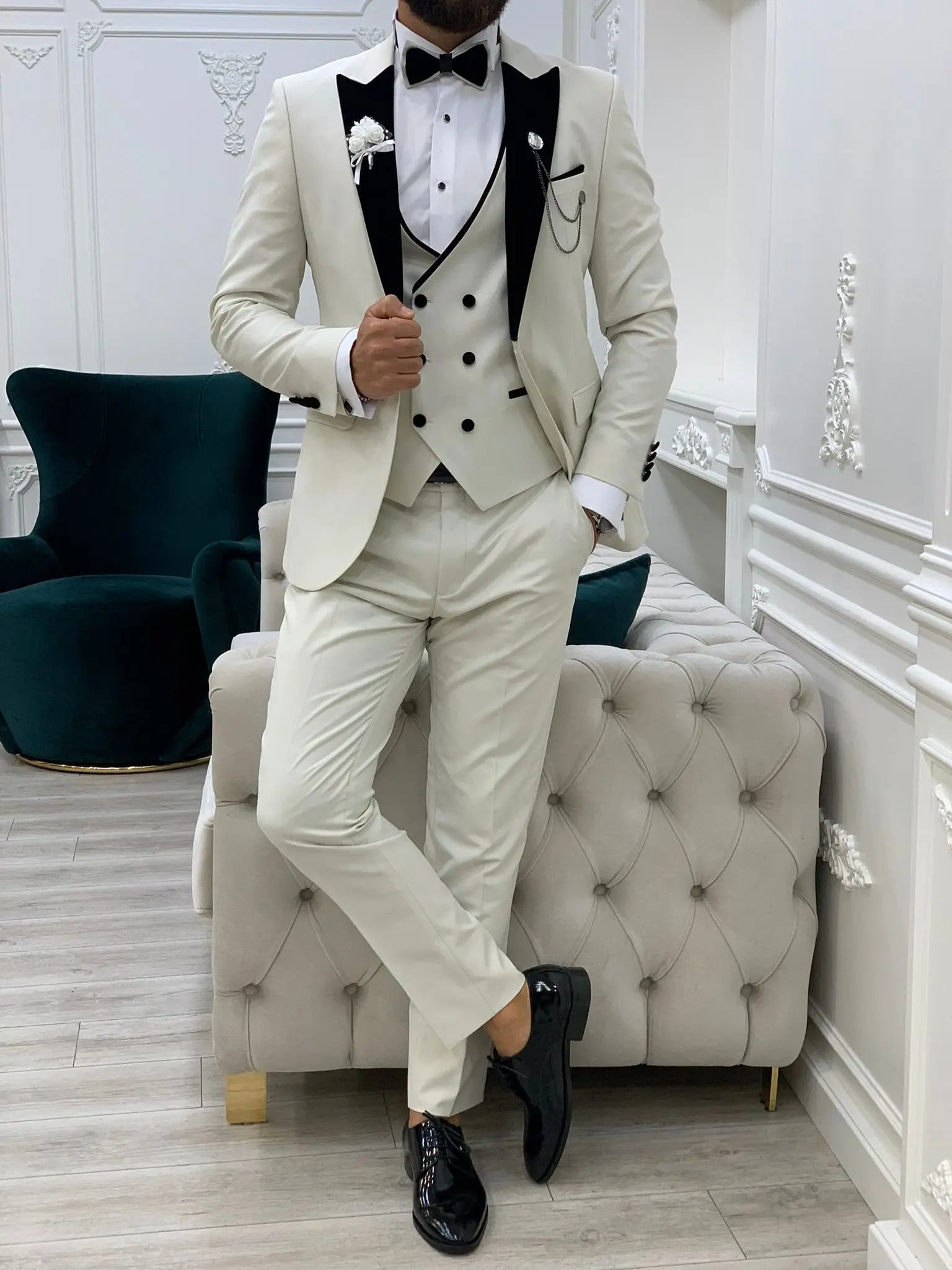Acacia White Slim Fit Velvet Peak Lapel Tuxedo - Elevate Your Formal Wardrobe - BRABION