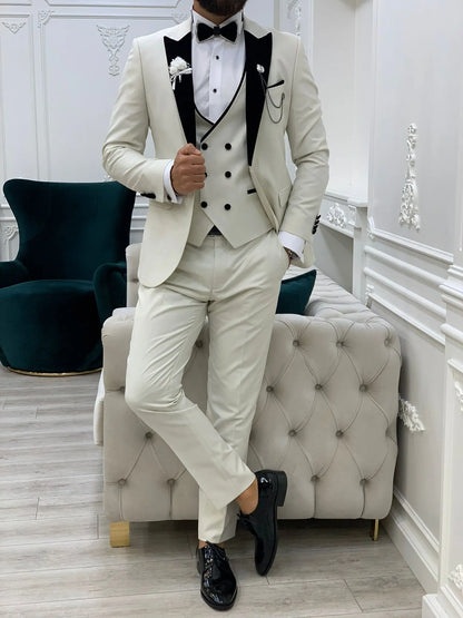 Acacia White Slim Fit Velvet Peak Lapel Tuxedo - Elevate Your Formal Wardrobe - BRABION