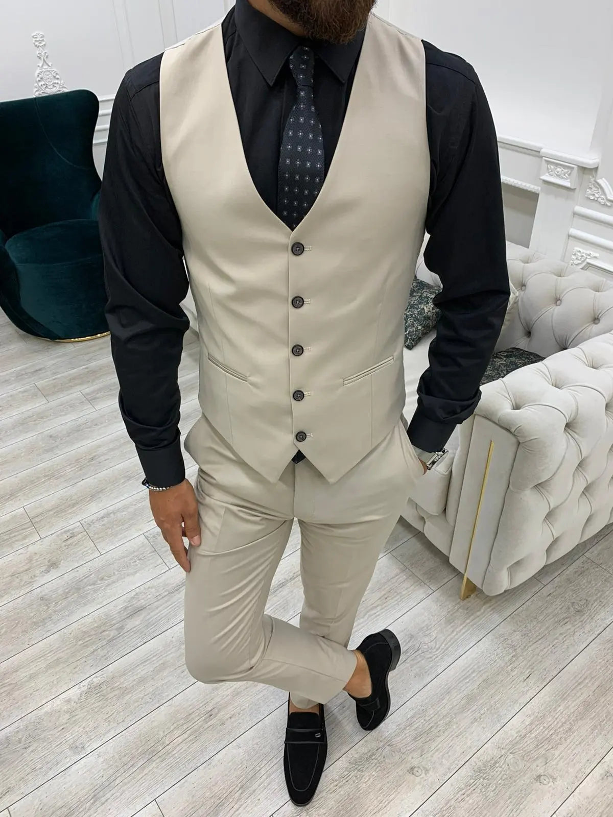Eros Beige Slim Fit Peak Lapel Suit BOJONI