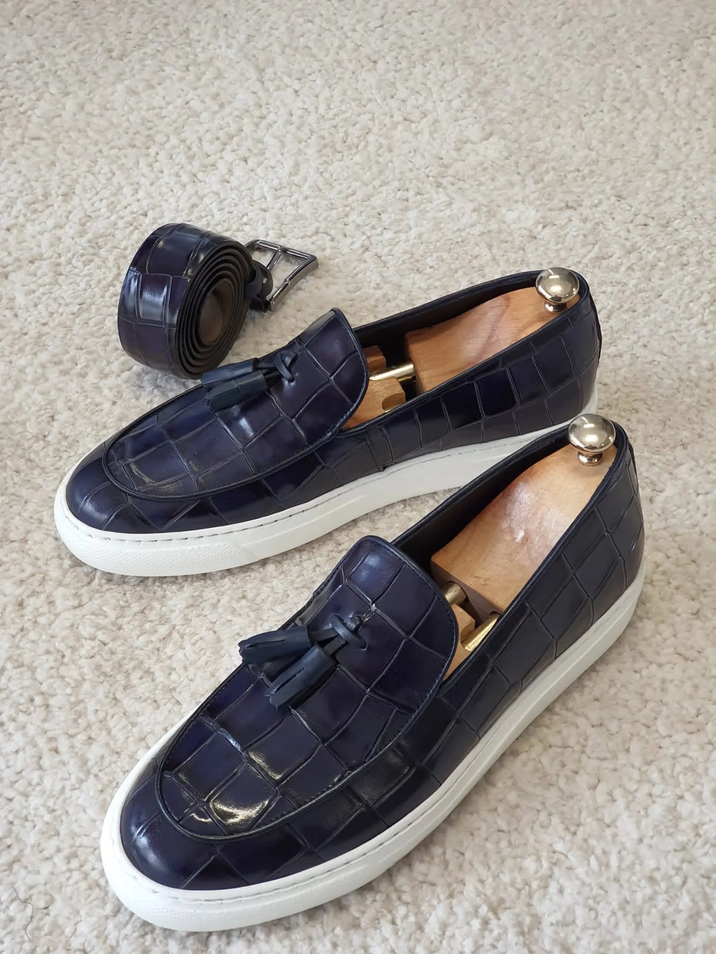 Berton Navy Blue Tassel Loafers: Sophisticated Elegance - BRABION