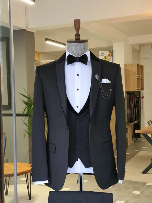 Montreal Black Slim Fit Notch Lapel Tuxedo - BRABION
