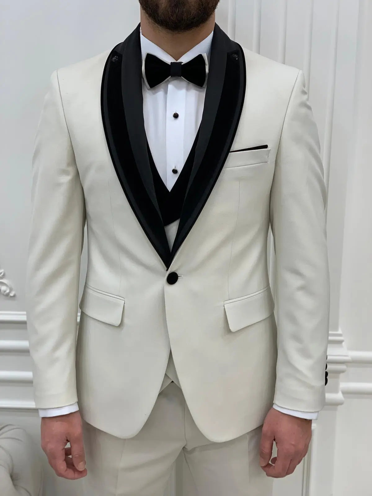 Eden Off White Slim Fit Velvet Satin Shawl Lapel Tuxedo - BRABION