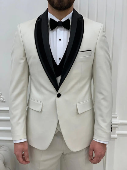 Eden Off White Slim Fit Velvet Satin Shawl Lapel Tuxedo - BRABION