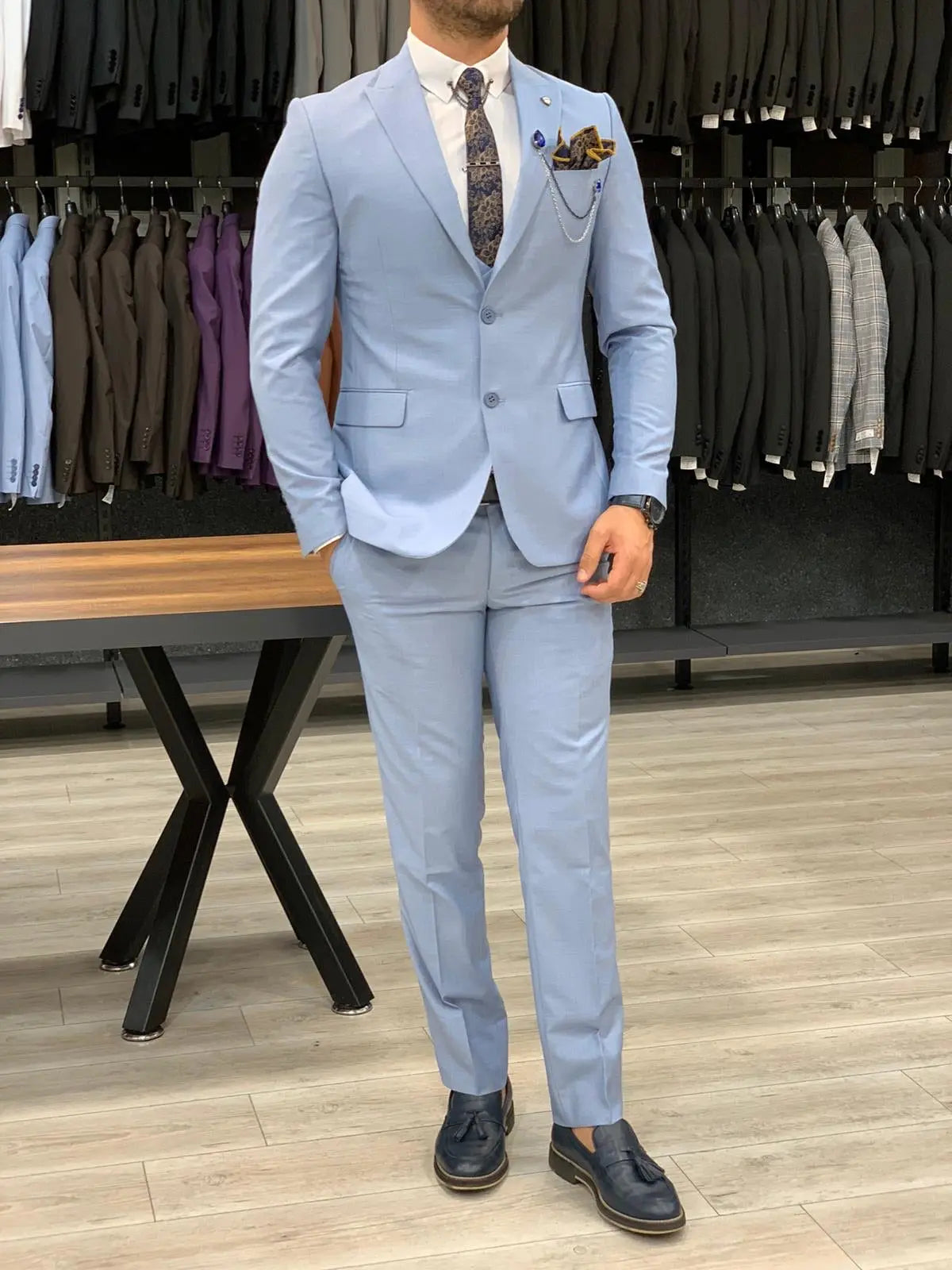Eros Sky Blue Slim Fit Wool Suit for Every Occasion BOJONI