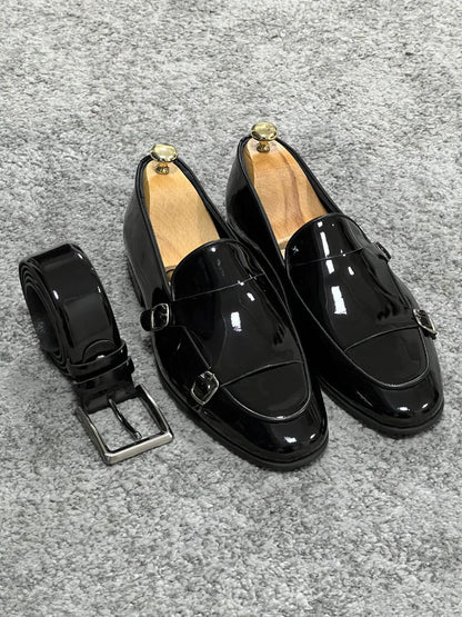 Lenzi Special Edition Neolite Sole Double Monk Shiney Leather Black Shoes - BRABION