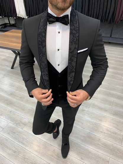 Genova Black Slim Fit Shawl Lapel Tuxedo for Men - BRABION