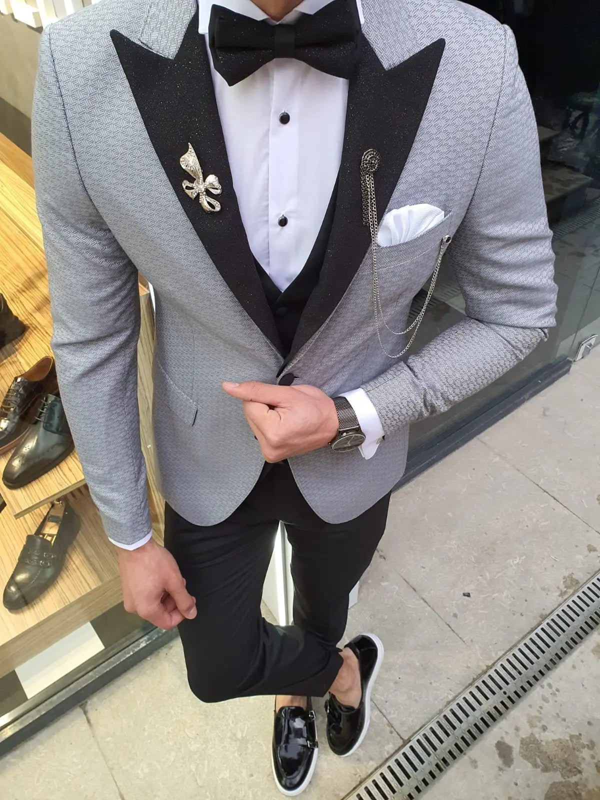 VillaNova Gray Slim Fit Patterned Tuxedo - BRABION