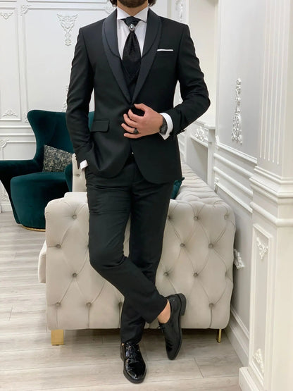 Forte Black Slim Fit Shawl Lapel Wedding Suit - BRABION