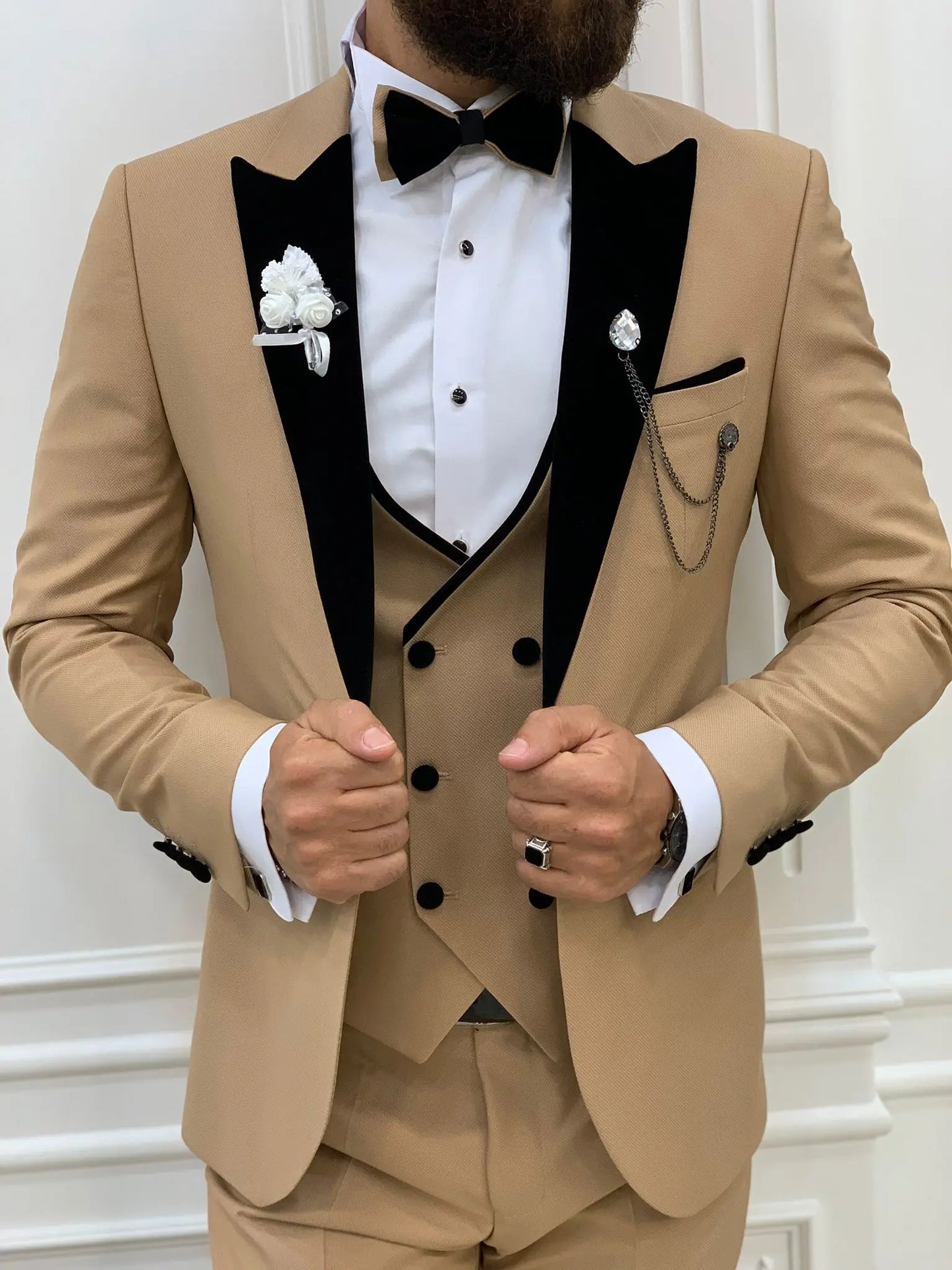 Acacia Golden Slim Fit Velvet Peak Lapel Tuxedo - BRABION