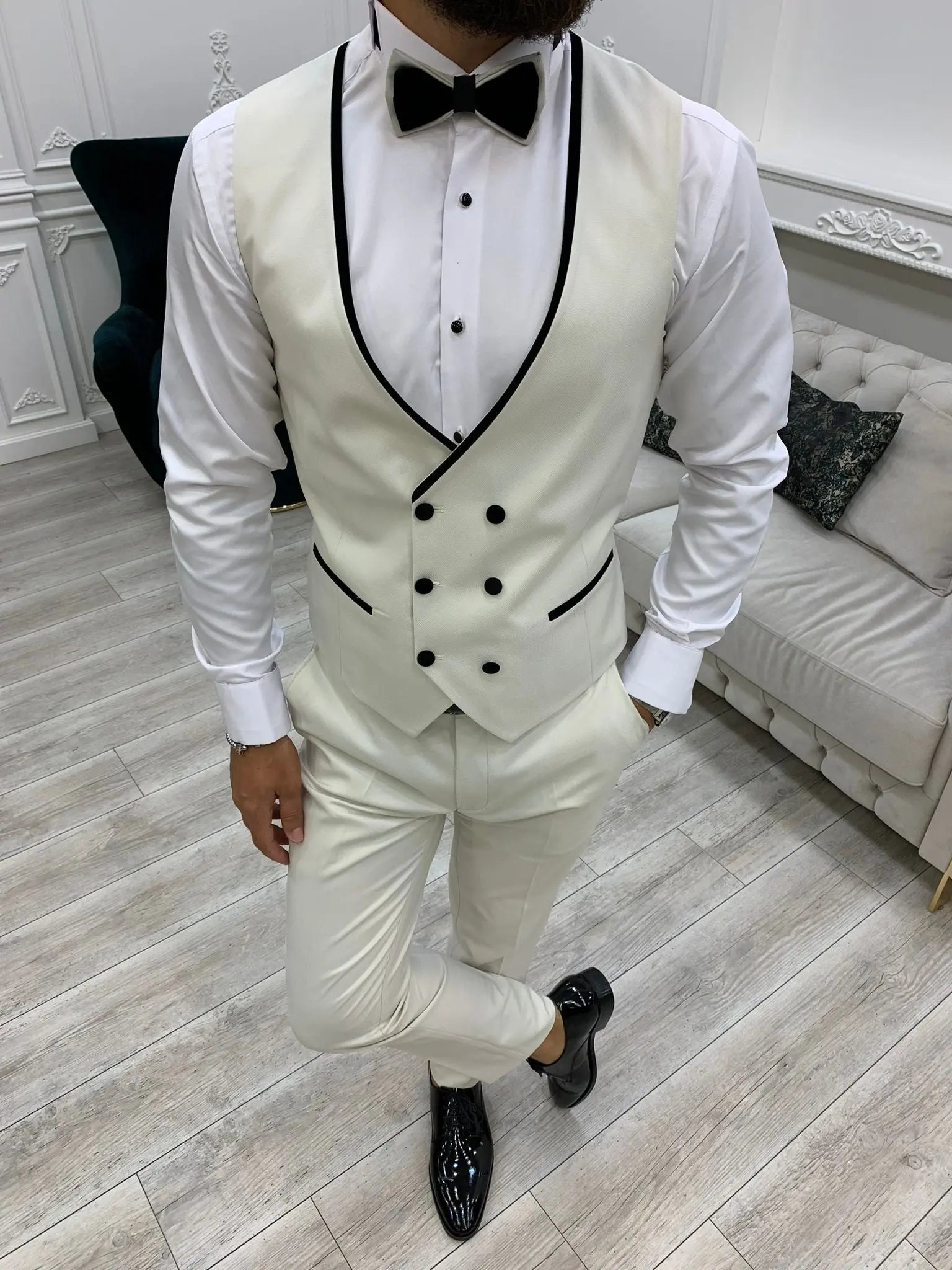 Acacia White Slim Fit Velvet Peak Lapel Tuxedo - Elevate Your Formal Wardrobe - BRABION