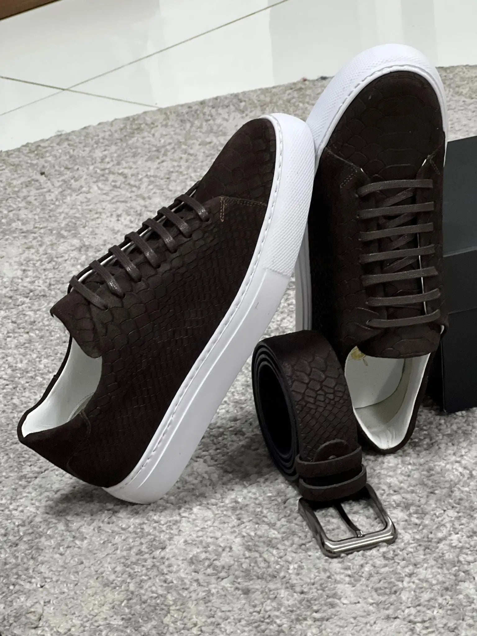 Lenzi Special Edition Suede Print Leather Brown Sneakers - BRABION