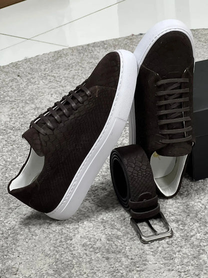 Lenzi Special Edition Suede Print Leather Brown Sneakers - BRABION