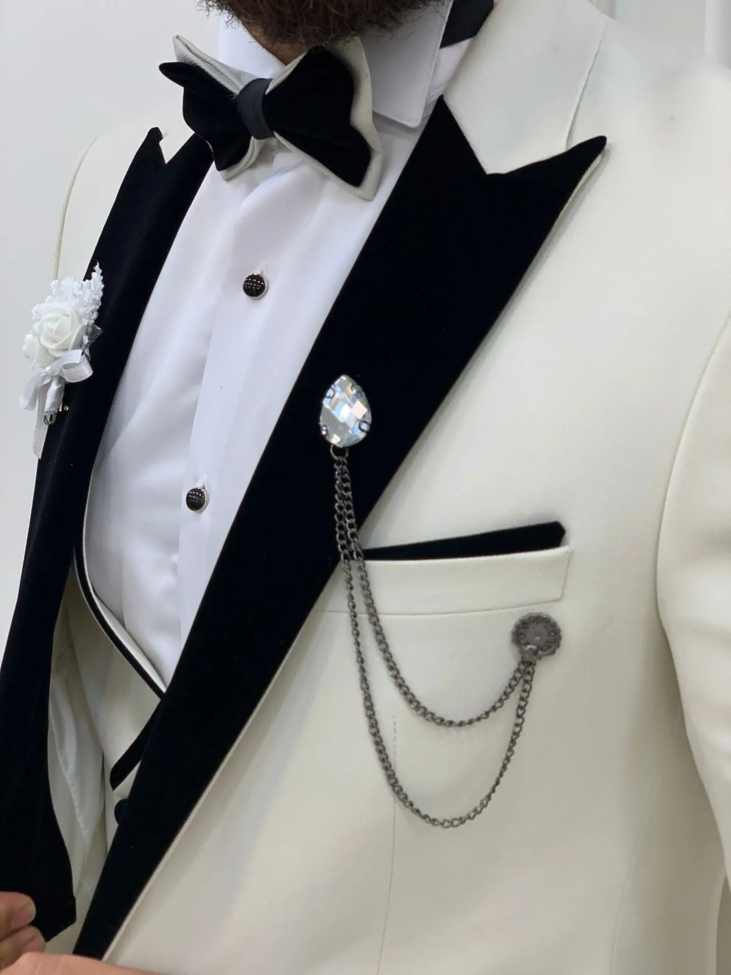 Acacia White Slim Fit Velvet Peak Lapel Tuxedo - Elevate Your Formal Wardrobe - BRABION