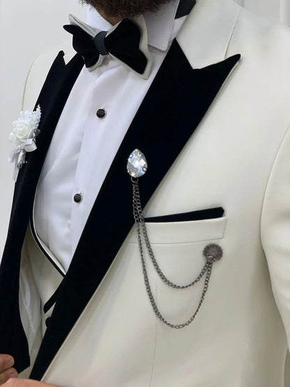 Acacia White Slim Fit Velvet Peak Lapel Tuxedo - Elevate Your Formal Wardrobe - BRABION