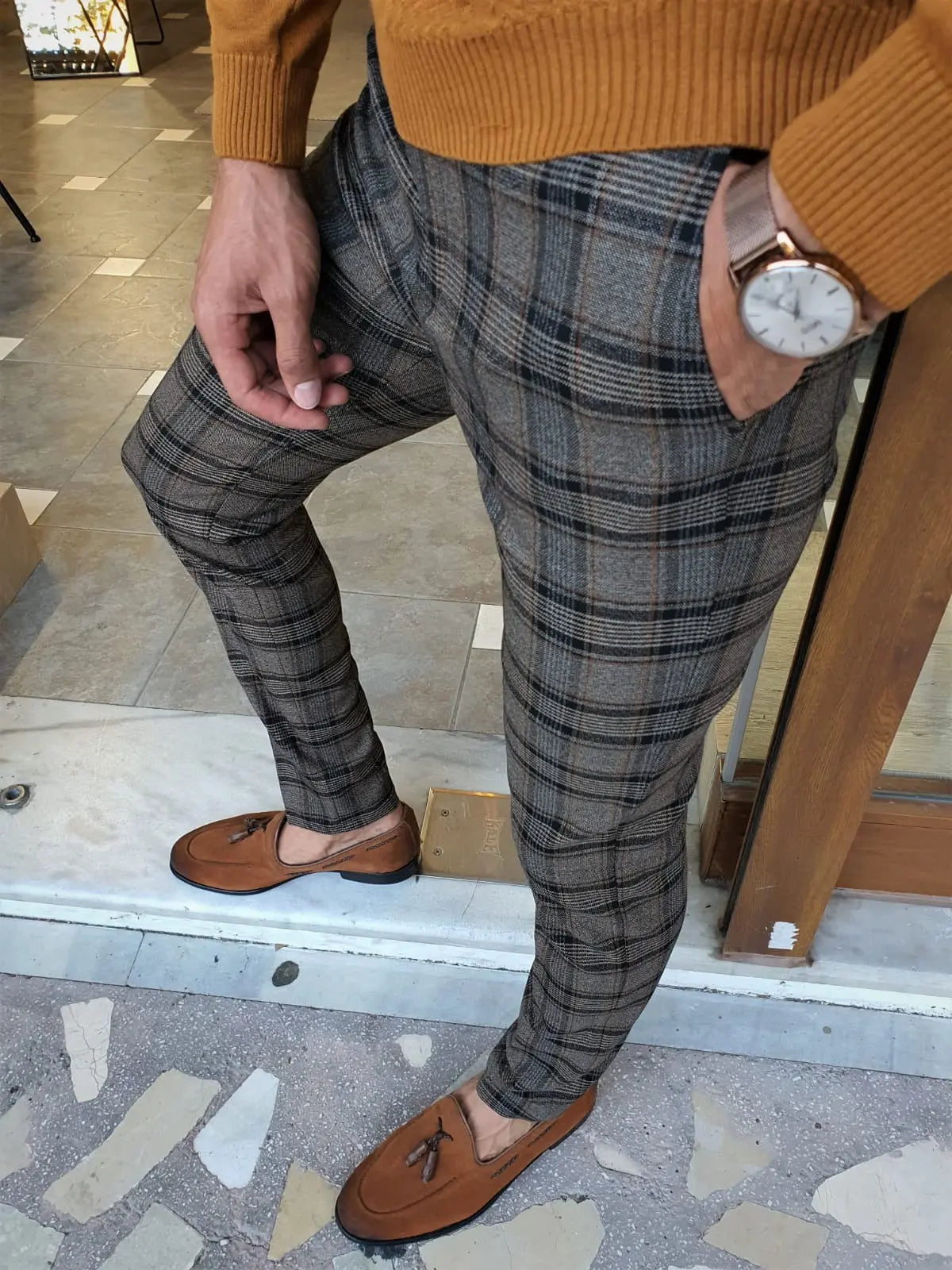 Henderson Camel Slim Fit Plaid Pants for the Modern Man - BRABION