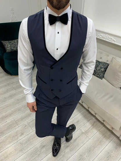 Eden Navy Blue Slim Fit Velvet Satin Peak Lapel Tuxedo - BRABION
