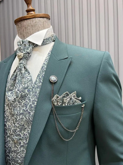 Sorento Green Slim Fit Floral Peak Lapel Groom Suit - BRABION