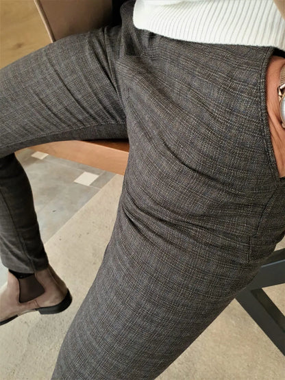 Henderson Brown Slim Fit Plaid Cotton Pants - BRABION
