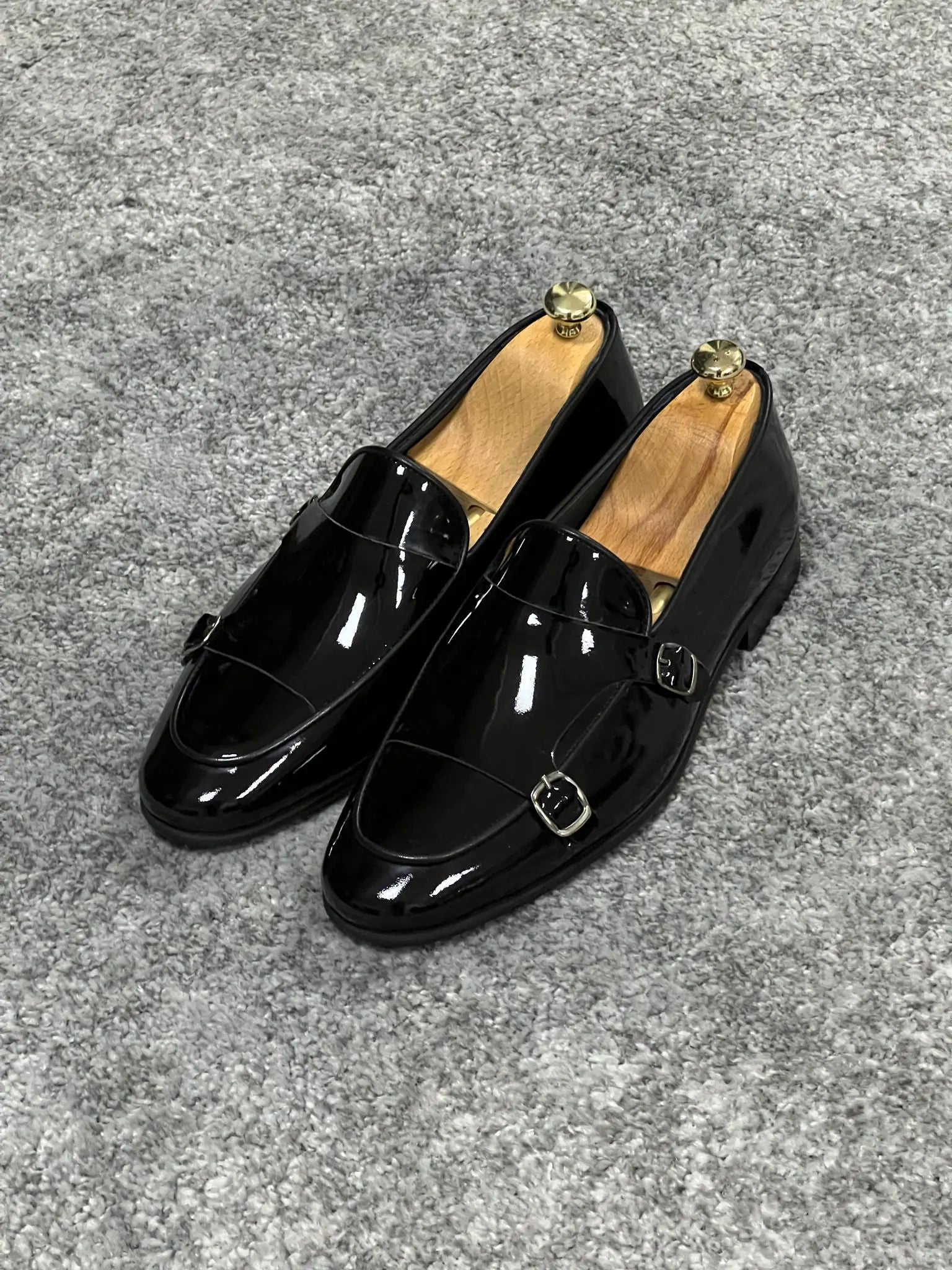 Lenzi Special Edition Neolite Sole Double Monk Shiney Leather Black Shoes - BRABION