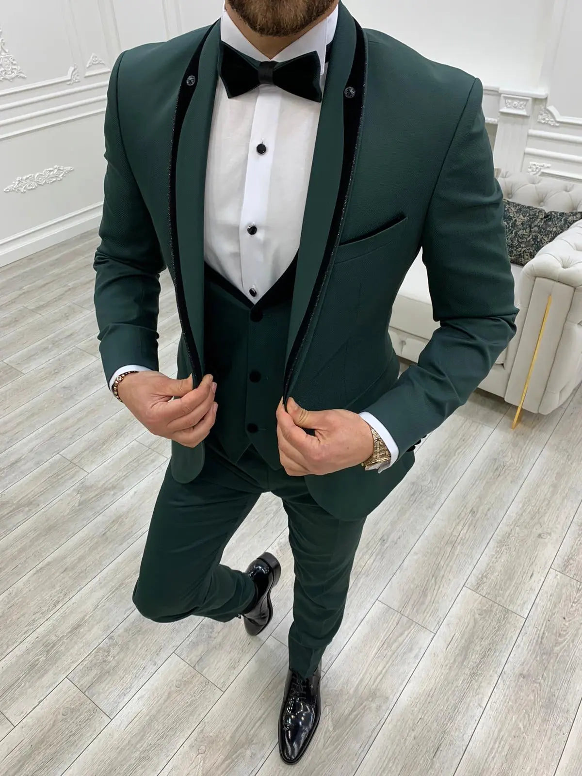 Infinite Green Slim Fit Velvet Peak Lapel Tuxedo - BRABION