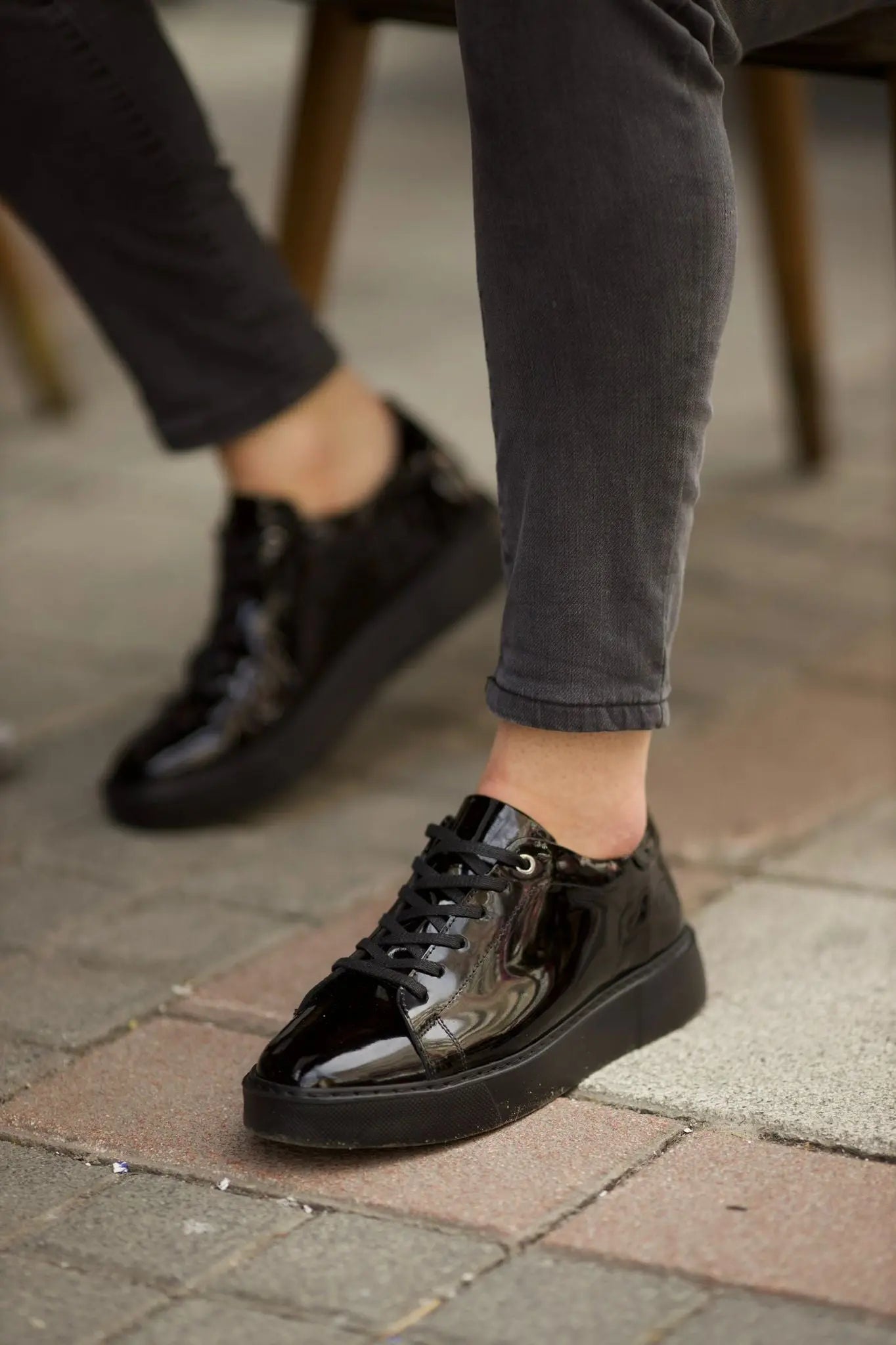 Romeo Eva Sole Glossy Black Leather Sneakers - BRABION