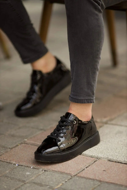 Romeo Eva Sole Glossy Black Leather Sneakers - BRABION
