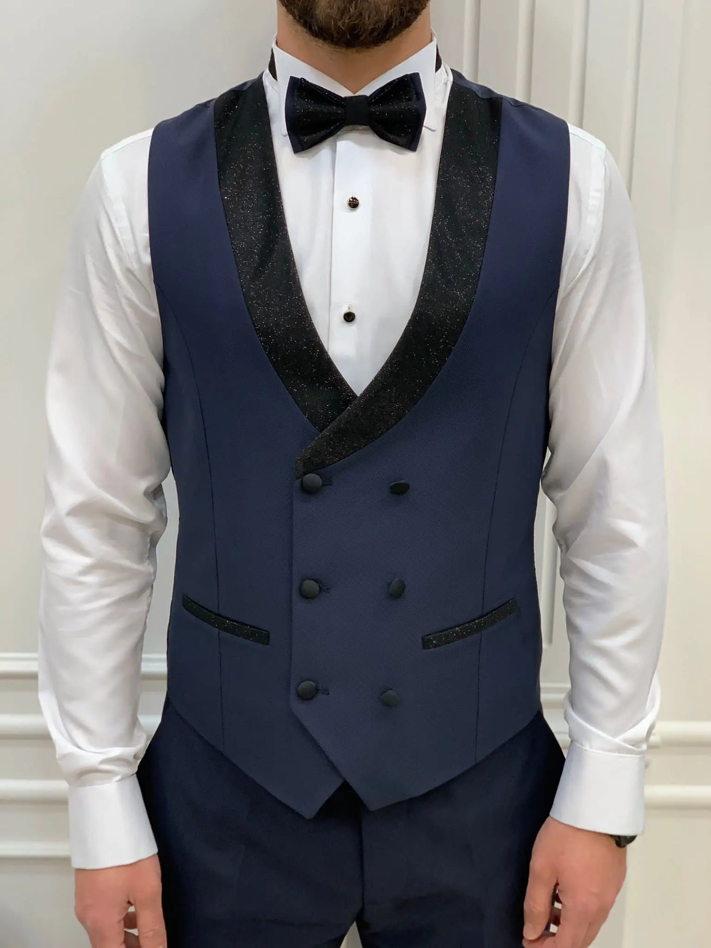 Eden Navy Blue Slim Fit Glitter Shawl Lapel Tuxedo - BRABION