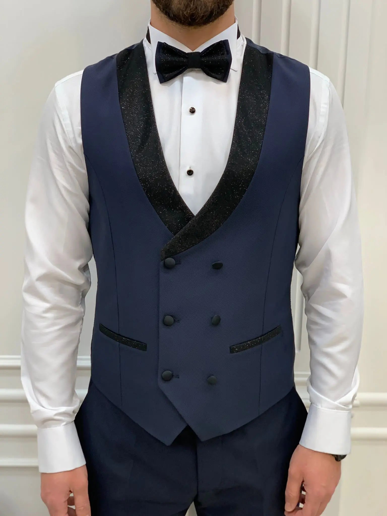 Eden Navy Blue Slim Fit Glitter Shawl Lapel Tuxedo - BRABION